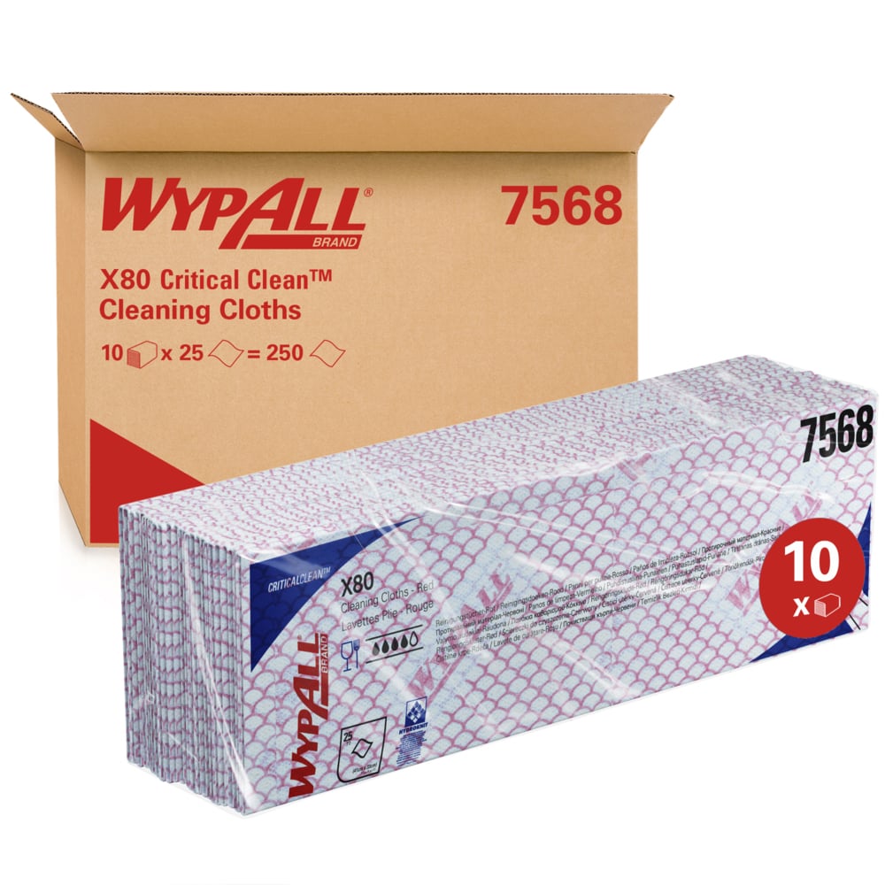 En eske med WypAll® X80 Critical Clean - Interfold (41,00 cm x 33,00 cm) fra Kimberly-Clark GmbH står bak foldede hvite kluter med lilla mønster, hvor det står "10 x 25" og "250" - ideell for kritisk industriell rengjøring.