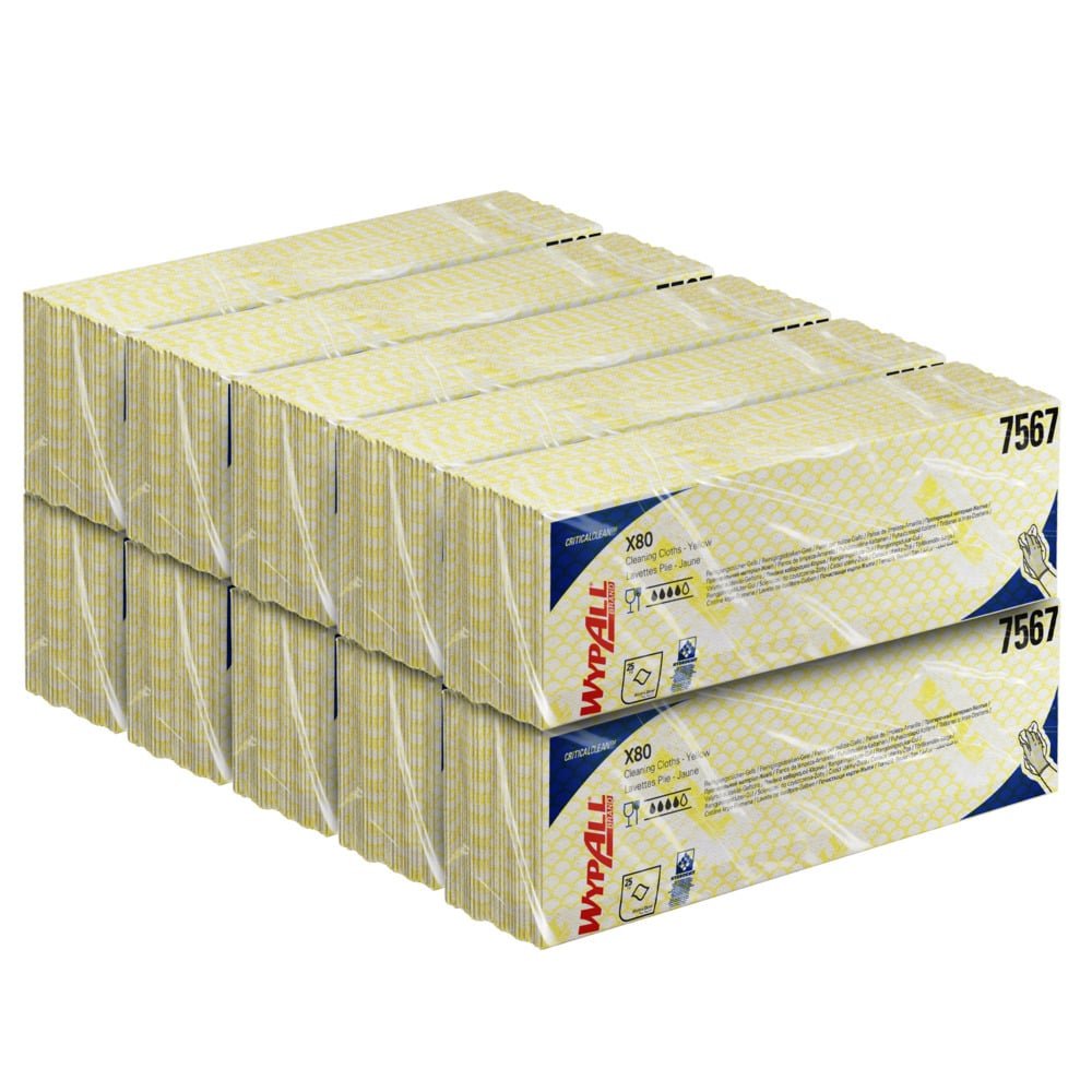 En stor stabel med WypAll® X80 Critical Clean - Interfold rengjøringskluter (41,00 x 33,00 cm) fra Kimberly-Clark GmbH, artikkel 7567, i gule, hvite og blå esker - ideelle rengjøringskluter for kritiske miljøer.