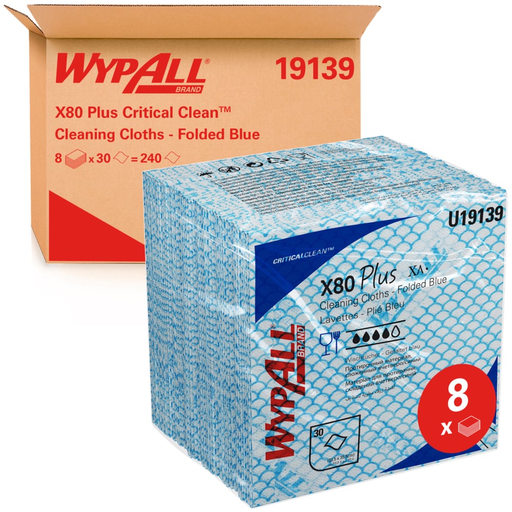Ein Karton Kimberly-Clark GmbH WypAll® X80 Plus Critical Clean, blaue viertelgefaltete Tücher für kritische Umgebungen, enthält 8 Beutel mit je 30 Blatt (insgesamt 240 Reinigungstücher).