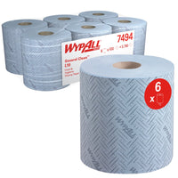 Six rolls of WypAll® L10 paper towels for food service and hygiene (center-feed) from Kimberly-Clark GmbH (6 x 630 sheets), featuring a close-up of a blue roll and its packaging. Ideal for hygiene applications in the food service industry.