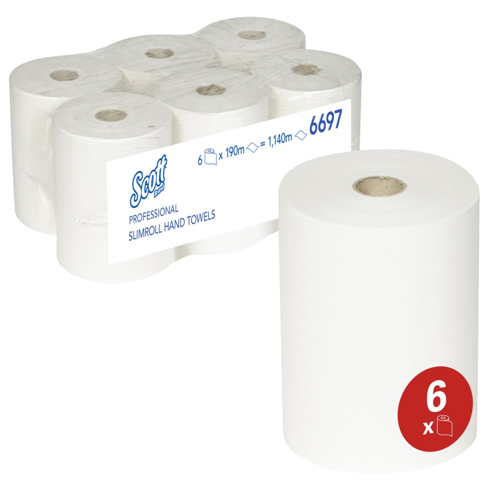 Sechs Scott® Slimroll™ Handtücher von Kimberly-Clark GmbH sind platzsparend in klarer Folie verpackt. Das saugfähige Handtuch mit 6er-Pack-Rot-Symbol ist sichtbar - perfekt für professionelle Anwendungen.
