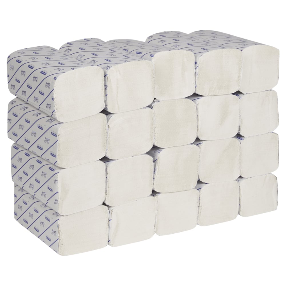 Twenty individually packaged packs of Scott® EXCELLENT Interfold Hand Towels from Kimberly-Clark GmbH with 190 white sheets each, clearly arranged for hygienic hand drying. Contains 20 small packs per carton in blue-white packaging.
