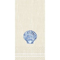 Un fondo texturizado de color beige con una concha azul en el centro, líneas blancas y detalles punteados: ideal para las servilletas «Zellt.Serv» de Duni GmbH. 33 x 33 cm, de dos capas, 1/8 KF, Tide (300 servilletas por paquete).