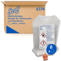 Una caja de cartón con la inscripción «Limpiador Scott® para asientos de inodoro y otras superficies», de Kimberly-Clark GmbH, con una bolsa dispensadora transparente de 400 ml en la parte delantera, símbolos de peligro y la indicación «6 x 400 ml» para una limpieza higiénica.