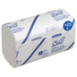 A carton of Kimberly-Clark Scott® SCOTTFOLD* hand towels, white, medium, contains 25 packs of 175 sheets each; ideal for efficient hand drying. Packaging in white/blue with product information in English and Spanish.
