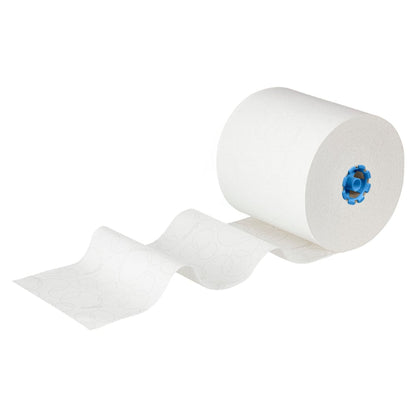 Die Kleenex® Rollenhandtücher E-roll Large von Kimberly-Clark GmbH, 1-lagig weiß, 6x250m Rollen pro Karton, sind teilweise abgerollt, um ihr strukturiertes Muster - perfekt für hygienische Handtrocknung - vor einem weißen Hintergrund zu zeigen.