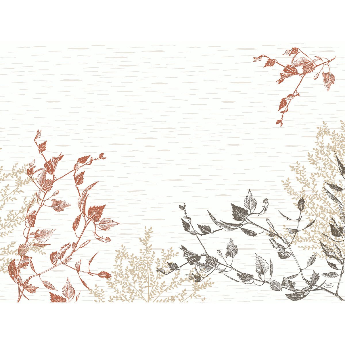 Los manteles de papel de 30x40 cm de Duni GmbH en el diseño Wood&Nature ofrecen ilustraciones botánicas minimalistas y ecológicas en terracota, negro y beige sobre un fondo claro y texturizado, ideales para cualquier ocasión. Paquete de 250 unidades.