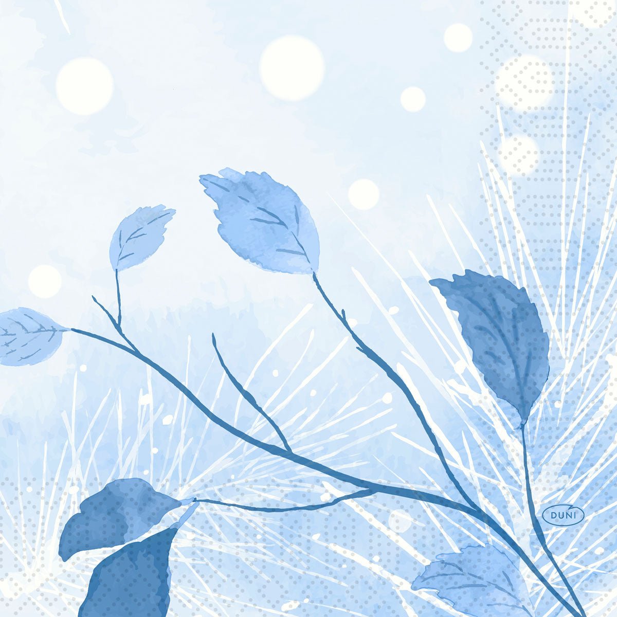 A digital illustration of blue leaves and branches on a light blue background with white circles creates a frosty winter feeling - perfect for Duni GmbH napkins 33x33 3-ply 1/4 Frosted Winter, pack (250 pieces).