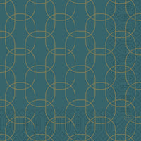 The 33x33 cm, 3-ply "Golden Deco" napkins from Duni GmbH feature a teal background with overlapping gold circles and ovals, polka-dot accents in the lower right corner, and small "DUNI" lettering—ideal for festive occasions. Pack of 50.