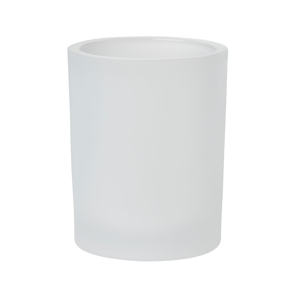 El portavelas Switch & Shine Snowy de Duni GmbH (100x80 mm, blanco esmerilado) es un elegante y sencillo soporte cilíndrico de vidrio con lados lisos, perfecto para la decoración de invierno, representado sobre un fondo blanco. Paquete: 1 pieza.