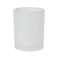 The Switch & Shine Snowy candle holder by Duni GmbH (100x80 mm, frosted white) is an elegant, simple, cylindrical glass holder with smooth sides, perfect for winter decor, pictured against a white background. Package: 1 piece.