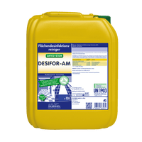 Un recipiente de plástico amarillo de 10 litros de Dr. Schnell DESIFOR-AM, desinfectante de superficies de DR.SCHNELL GmbH & Co. KGaA, con información sobre el producto y etiquetas de seguridad en azul, blanco y verde.