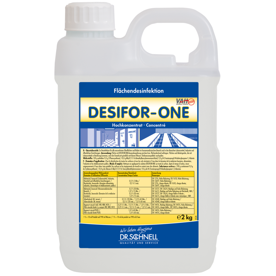 Ein 2 kg Kunststoffbehälter von Dr. Schnell Desifor-One Flächendesinfektion, begrenzt viruzid PLUS von DR.SCHNELL GmbH & Co. KGaA, mit weißem Deckel und Griff. Das Etikett auf der Vorderseite enthält Angaben, Anweisungen und Dosierungshinweise in deutscher Sprache.