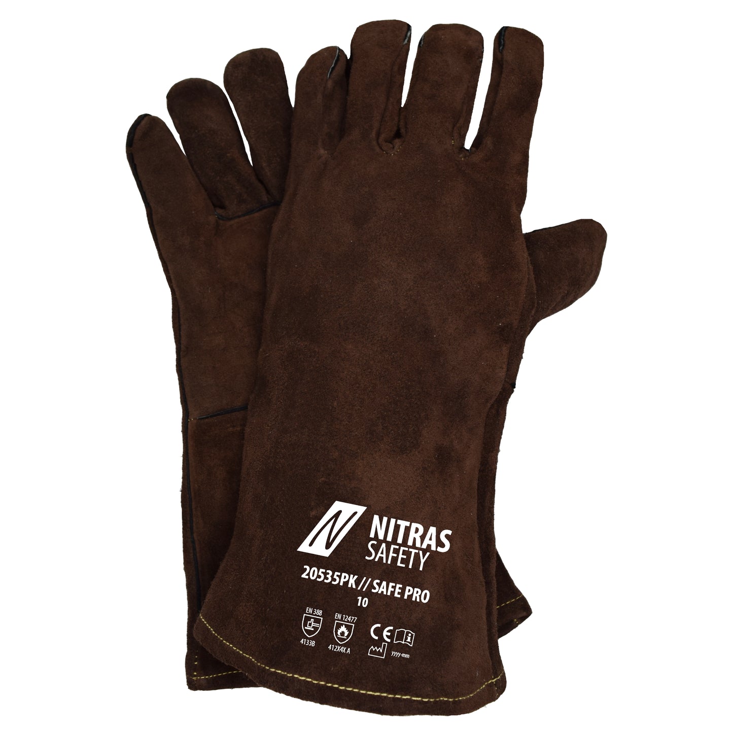 NITRAS SAFE PRO, guantes para soldar, marrón, EN 388, EN 12477 serraje | Paquete (12 pares)