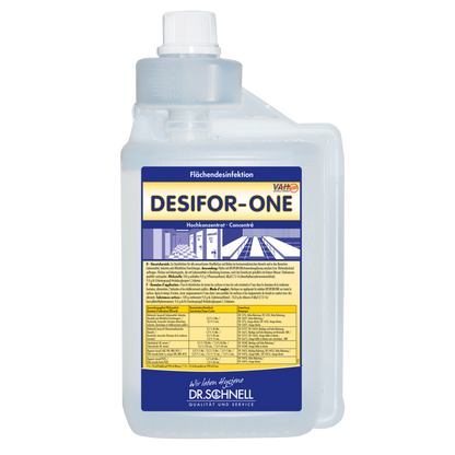 Gjennomsiktig 5L-flaske med påskriften "Dr. Schnell Desifor-One Overflatedesinfeksjon, begrenset virucid PLUS" fra DR.SCHNELL GmbH & Co. KGaA, med blå/gule aksenter, tysk bruksanvisning, innebygd målekammer og hvit lukking.