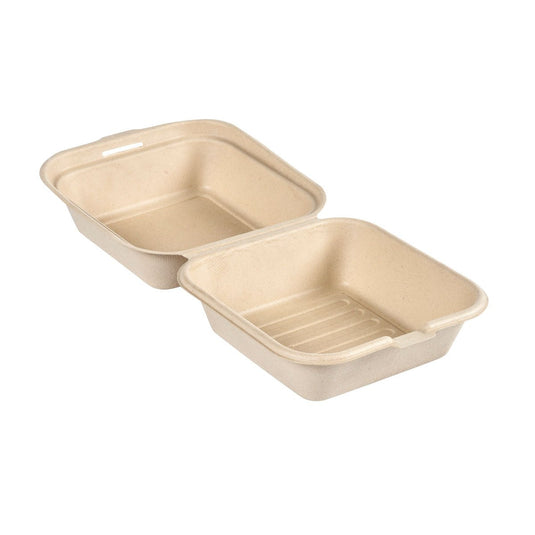 El envase Clamshell de 475 ml —sin recubrimiento, de bagazo marrón, 155 x 155 x 80— de Duni GmbH (paquete de 50 unidades) es un envase para comida para llevar biodegradable, de color marrón, fabricado con fibra moldeada: un envase respetuoso con el medio ambiente para sus comidas.