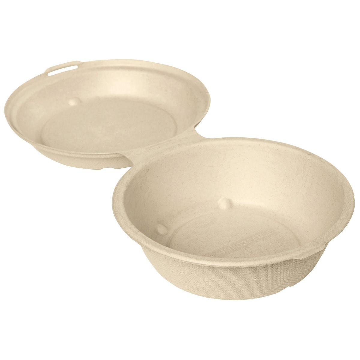 Die Duni GmbH Clamshell 750 ml - unbeschichtet Braun Bagasse 171x171x55, ein brauner, biologisch abbaubarer Lebensmittelbehälter, verfügt über zwei Fächer und ist ideal für die umweltfreundliche Präsentation von Mahlzeiten. Jede Packung enthält 55 Stück.