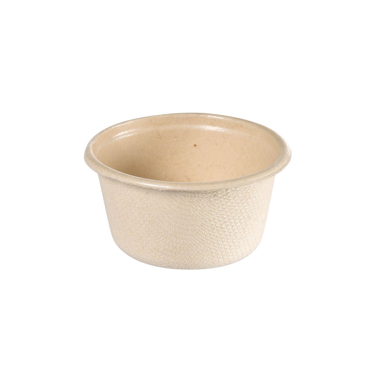 Pequeño vaso redondo blanco para aderezo de 60 ml de Duni GmbH, fabricado con bagazo y recubierto con PBAT/PLA para una buena usabilidad y biodegradabilidad; representado en una versión simple. Paquete (150 piezas), dimensiones: 65x65x32 mm.