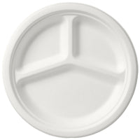 A round, uncoated, 3-compartment plate (ø 26 cm) made of white bagasse by Duni GmbH, with three compartments and eco-friendly, photographed from a bird's-eye view on a plain background. Package: 50 pieces.