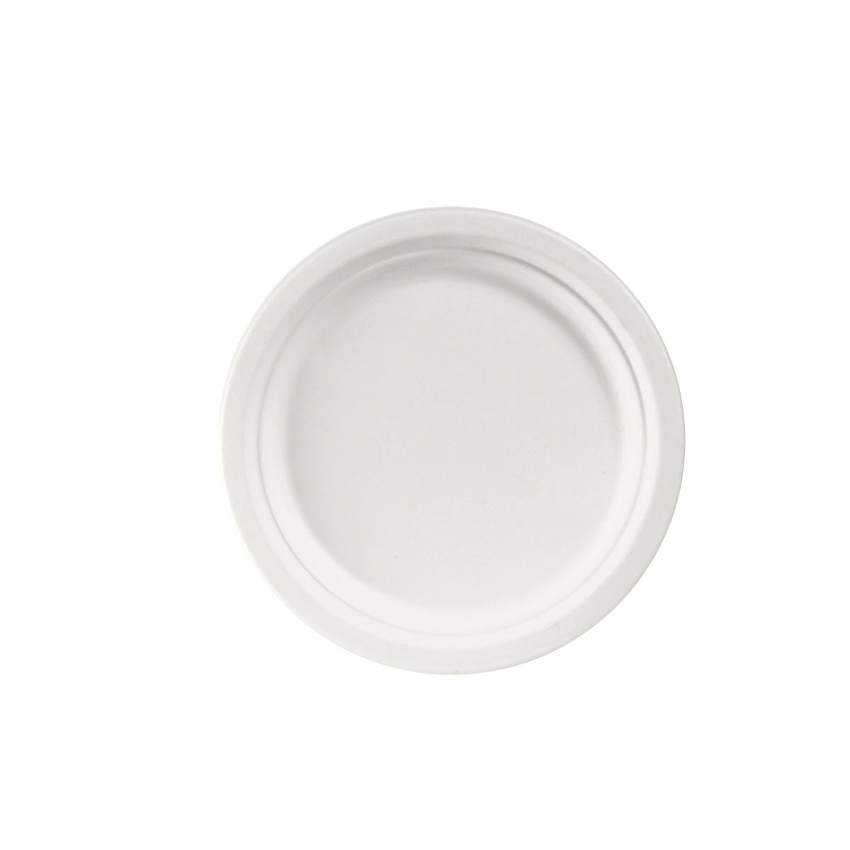 Un simple plato redondo blanco ø 22 cm de Duni GmbH se muestra de arriba a abajo sobre un fondo blanco. El plato blanco de bagazo sin recubrimiento (paquete de 50 unidades) tiene un diseño liso y simple y es biodegradable.