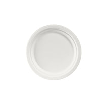 En la imagen se muestra, de arriba abajo sobre un fondo blanco, un plato sencillo, redondo y blanco de Duni GmbH, con un diámetro de 22 cm. El plato de bagaza blanco sin recubrimiento (paquete de 50 unidades) presenta un diseño liso y sencillo, y es biodegradable.