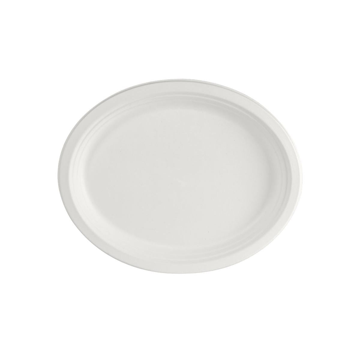 The oval, uncooked white bagasse plate 32 cm from Duni GmbH (pack of 150 pieces) is biodegradable, environmentally friendly, and features a raised rim - ideal as sustainable disposable tableware.