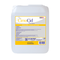 El recipiente de plástico blanco de 5 litros de la Dr. Schnell El desinfectante de manos CIMOCID SENSITIVE de DR.SCHNELL GmbH & Co. KGaA, con etiqueta amarilla, ofrece una protección suave para la piel y una reducción eficaz de los gérmenes, con instrucciones de uso y de seguridad en varios idiomas.