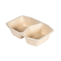 The HMR Fibretray/PE 2-comp from Duni GmbH is a brown, rectangular food container (215x148x50 mm) made of coated bagasse with two compartments; it is eco-friendly and available in packs of 320.