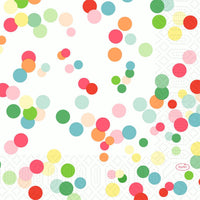 Círculos alegres en tonos pastel y colores vivos sobre fondo blanco, realzados por líneas punteadas tenues y un óvalo rojo con la inscripción «Duni»: ideales para el juego de servilletas 33 de 3 capas y 1/4 — Happy Bubbles | Paquete (250 servilletas) de Duni GmbH.