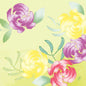 En digital illustrasjon av fire runde rosa, gule og røde blomster med grønne blader på en lys gul bakgrunn gjenspeiler den milde elegansen til serviettene 40x40 cm 4-lags Klassik Soft Tropics papirservietter (pakke med 50 stykker) fra Duni GmbH.