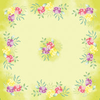 Un marco cuadrado de 84 x 84 cm de la empresa Duni GmbH con un fondo de color amarillo verdoso pálido, flores rosas, lilas y amarillas en estilo acuarela, así como hojas verdes en las esquinas y en el centro. Centro en blanco. Ideal para Dunisilk MD 84 x 84 cm Soft Tropics 20P. | Paquete (20 unidades).