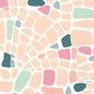 Abstrakte Illustration von unregelmäßigen pastellfarbenen Formen - Pfirsich, Rosa, Grün, Teal - mit Mosaikanordnung und leichten Punktmustern, inspiriert von den Serv.33x33 3lg 1/4 Ocean Pebbles Dekorative Papierservietten (50 Stück) der Duni GmbH, Größe 33x33 cm.