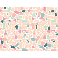 Los manteles individuales de papel de Duni GmbH, de 30 x 40 cm, del modelo «Ocean Pebbles» (paquete de 250 unidades), presentan un diseño abstracto de guijarros en tonos pastel: rosa, melocotón, verde menta, azul y verde azulado sobre fondo blanco.