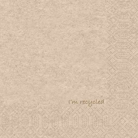 Zellt.Serv.33x33 2lg. 1/4 I'm recycled Papierservietten von Duni GmbH sind beigefarbene Servietten mit einer dezenten Umrandung am rechten und unteren Rand und dem Schriftzug "I'm recycled" in hellbrauner Schrift in der rechten unteren Ecke. Packung: 300 Servietten.