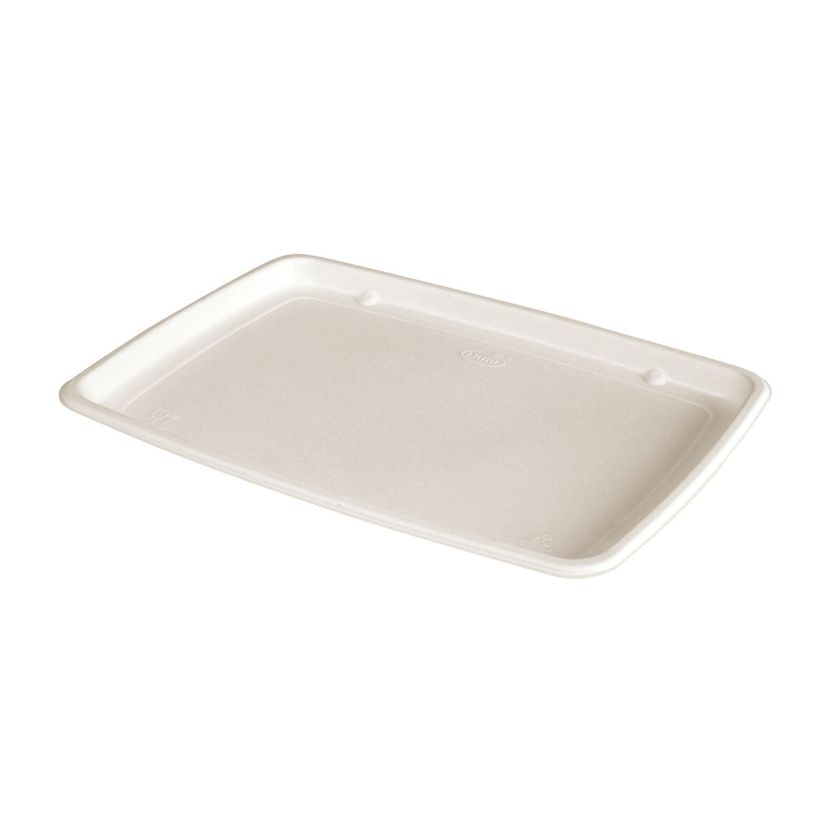 Se muestra una bandeja rectangular marrón Small de Duni GmbH (Bagazo Marrón, 285x203x15mm), sin recubrimiento y ecológica, sobre un fondo blanco simple. Ideal para un servicio sostenible; el paquete contiene 60 piezas.