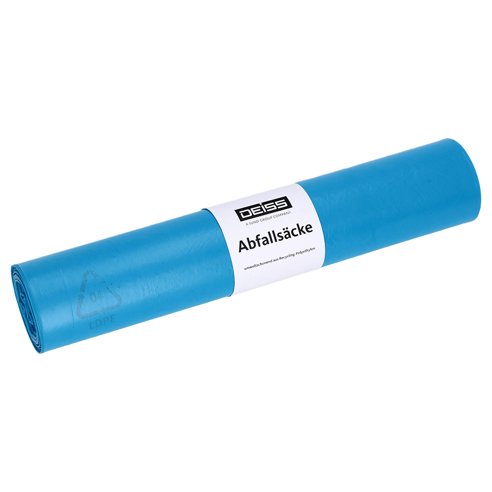 A roll of EMIL DEISS KG (GmbH + Co.) 20713 trash bags 575x1000 mm type 60 blue, pack of 25 pieces, with white label on white background - ideal for waste disposal.