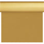 A roll of gold-colored wrapping paper is partially unrolled and reflects the smooth, shiny appearance and the uniform texture of the Dunisilk Tete a Tete 0.4x24m gold tablecloth from Duni GmbH.