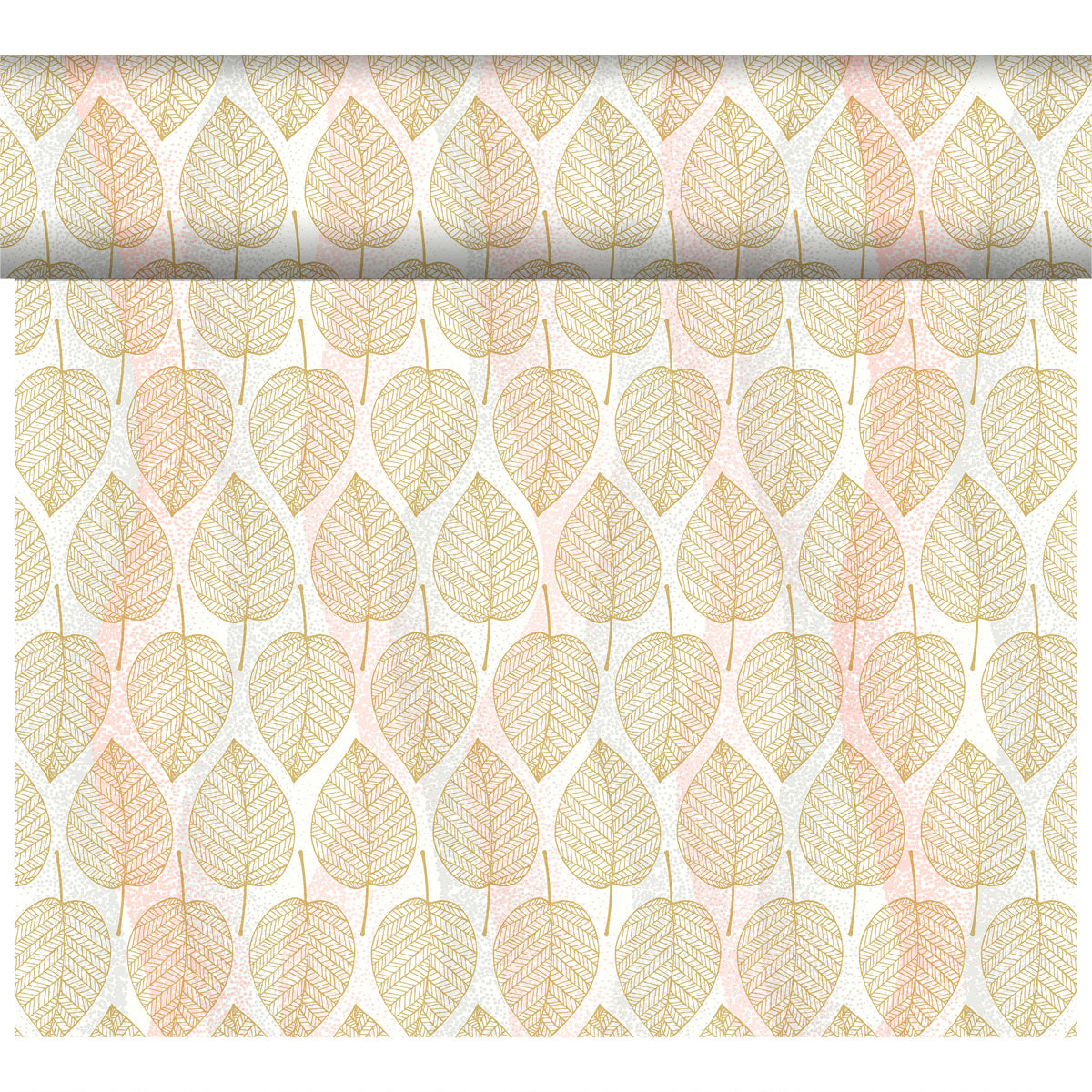 Der Bio-Dunicel Tete-a-Tete Tischläufer 0,4x24m von Duni GmbH zeichnet sich durch ein sich wiederholendes Blattmuster in Gold, Orange und Beige auf hellem Grund aus, das in vertikalen Reihen angeordnet ist und Ihrem Raum einen umweltfreundlichen und stilvollen Touch verleiht.