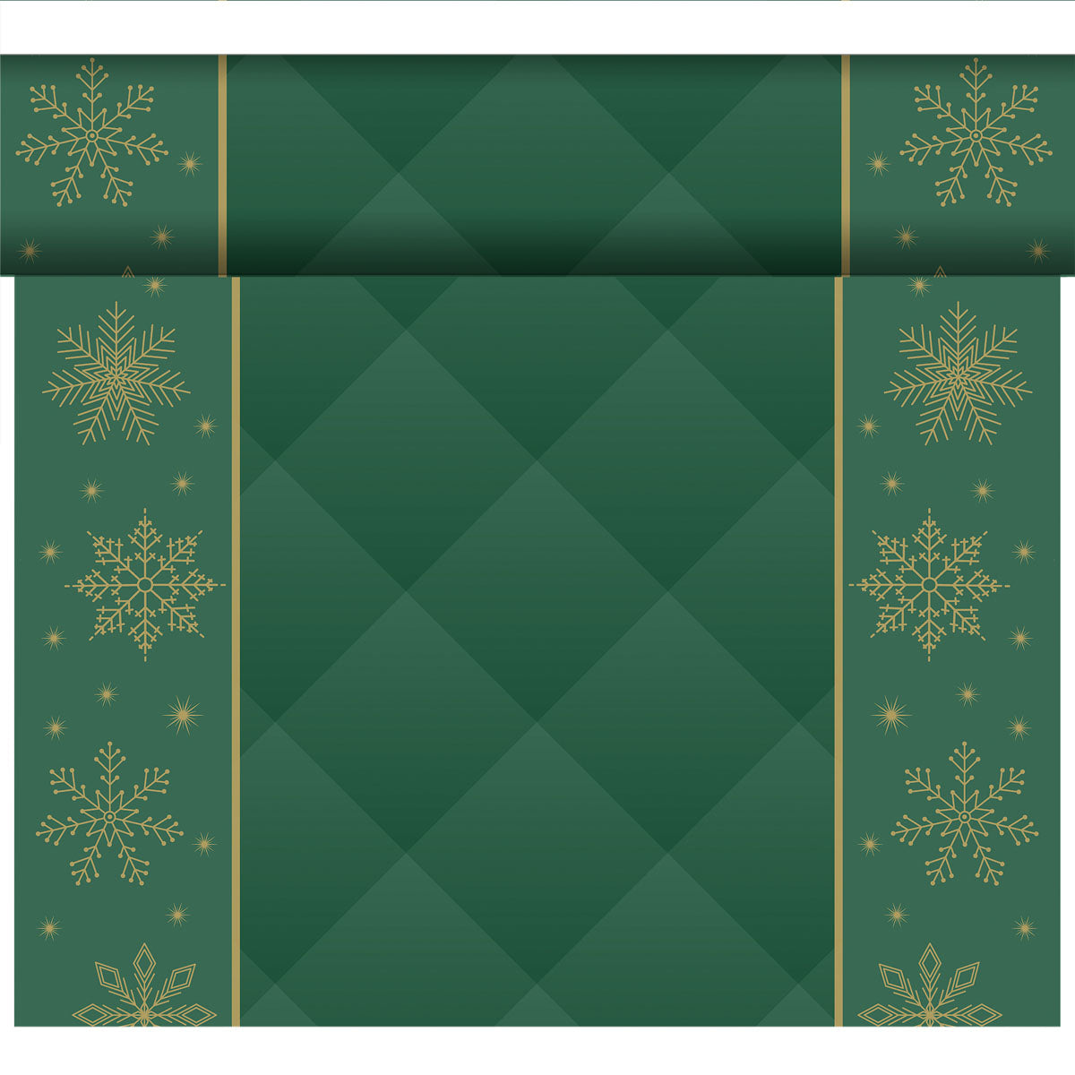 Eine Rolle grünes Bio-Dunicel-Tete a Tete 0,4x24m von Duni GmbH mit goldenen Schneeflocken und Sternen an den Seiten und einem grünen Diamanten in der Mitte, ideal für eine nachhaltige Tischdekoration oder in Kombination mit einer Bio-Dunicel Tischdecke. Teilweise ausgerollt.