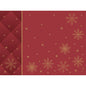 Ein roter Hintergrund mit goldumrandeten Schneeflocken und kleinen goldenen Sternen sowie ein kastanienbraunes Rautenmuster auf der linken Seite sorgen für einen eleganten Look - ideal für die Präsentation der Duni GmbH Bio-Dunicel-Sets 30x40 Rhombus bordeaux (100 Stück).