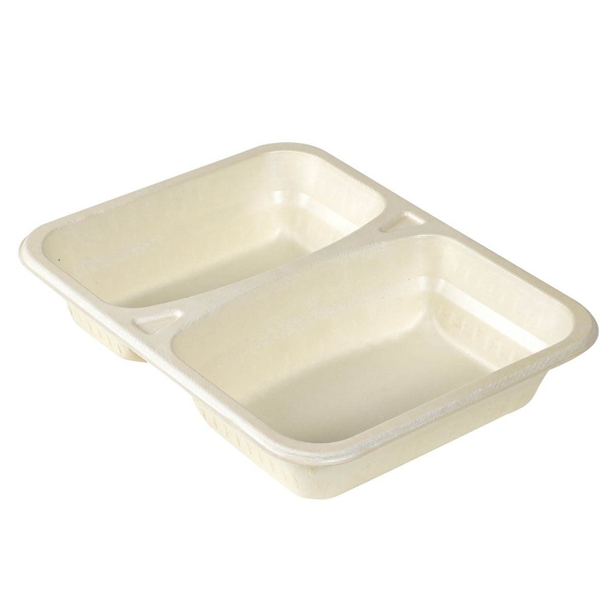 A beige, rectangular FIBER tray (227x178x45mm) from Duni GmbH, with 2 compartments, made of eco-friendly material—ideal for the food service industry—on a white background. Packaged as 1 carton (pack).
