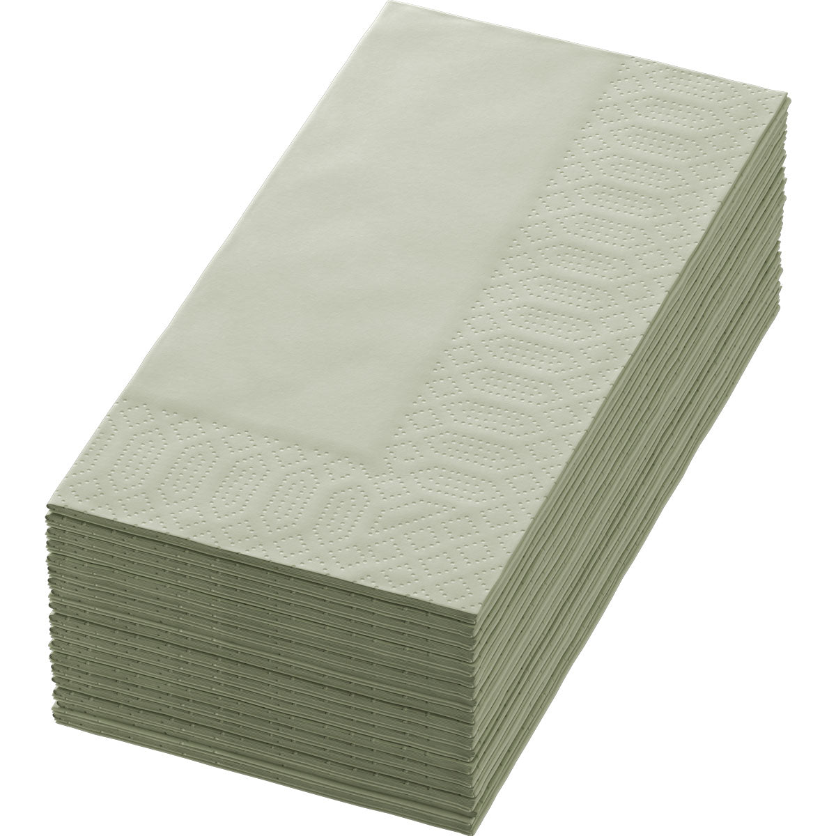 Un paquete de 250 servilletas de alta calidad verde pistacho Zellt.Serv.40x40 3lg 1/8 BF. de Duni GmbH, cada una de 40x40 cm con estampado decorativo, se encuentra ordenadamente en una superficie plana.
