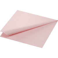 A pack of 50 Zellt.Serv.33x33 3-ply 1/4 light pink paper napkins from Duni GmbH is shown partially folded against a white background, highlighting the light pink color and the subtle embossed pattern along the edge.