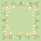 Die Dunisilk MD Spring Melody 84x84 cm Tischdecke von Duni GmbH zeigt einen hellgrünen Hintergrund mit einem Rand aus Aquarellblumen, darunter Tulpen und Narzissen - ideal für elegante Frühlings-Tischdeko. Packung mit 20 Stück.