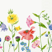 Servilletas de 40 x 40 cm, de tres capas, «Flowy Meadow» de Duni GmbH: servilletas de papel decorativas con coloridas flores silvestres —flores amarillas, rosas, moradas y azules sobre un motivo de pradera verde con fondo blanco y un discreto borde estampado a la derecha—. Paquete (250 unidades).