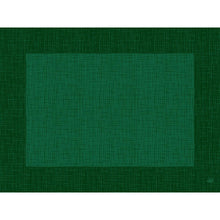 Eine rechteckige, grüne, geflochtene Oberfläche ist auf einem dunkleren grünen Hintergrund mit breitem Rand zentriert - perfekt für die Bio-Dunicel-Sets 30x40 Linnea Jägergrün, umweltfreundliche Tischsets im Karton (1 Packung) der Duni GmbH.