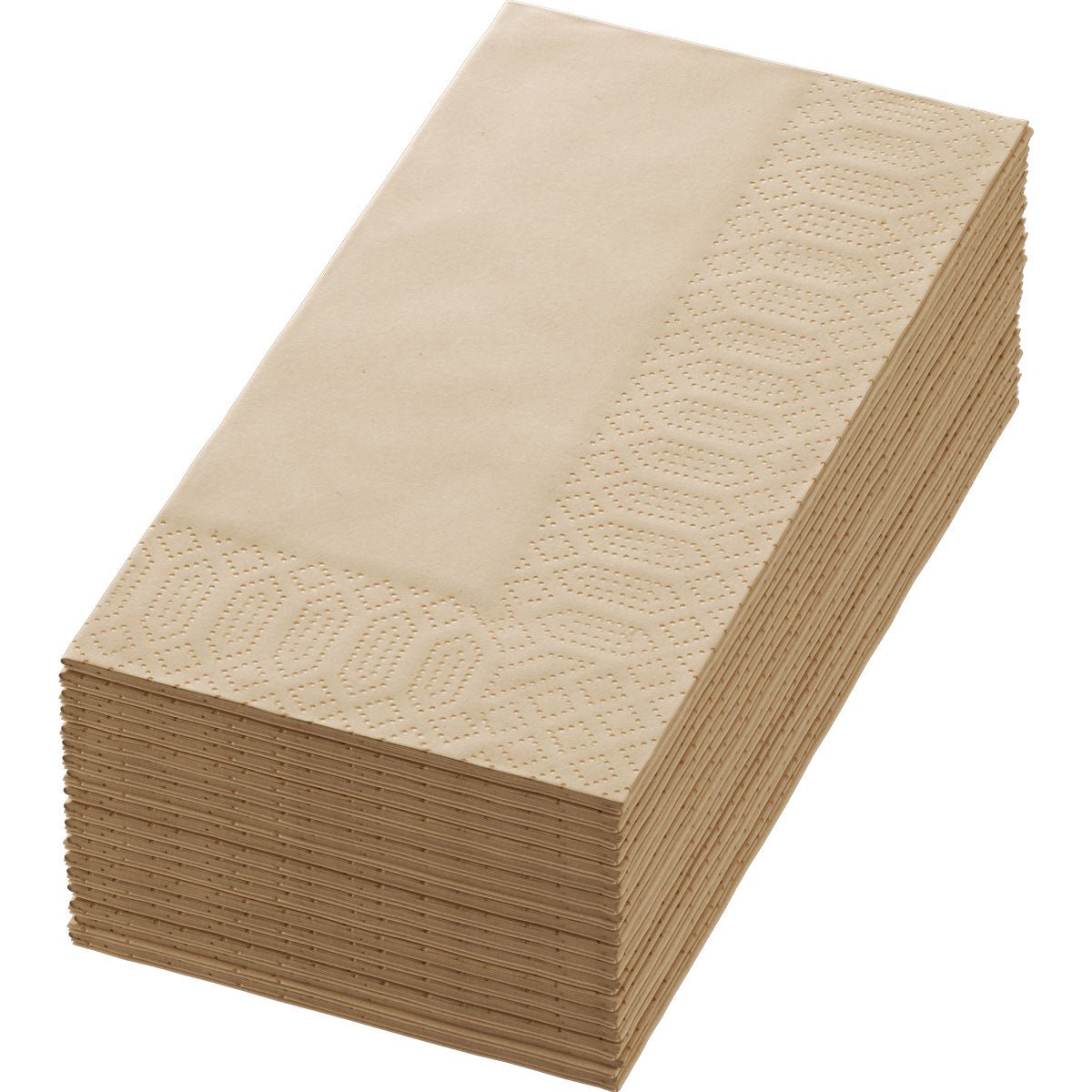 Un paquete de 300 servilletas de papel de Duni GmbH, 40x40 2 capas BF Meadow Natur, de calidad premium con borde estampado, ordenadas en una pila ordenada sobre un fondo blanco.