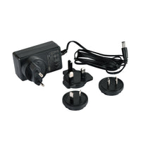 A black power adapter from Duni GmbH with a detachable cable and four plug attachments, compatible as a replacement adapter for LED charging station 206437—high-quality adapter (1 piece), shown on a white background.