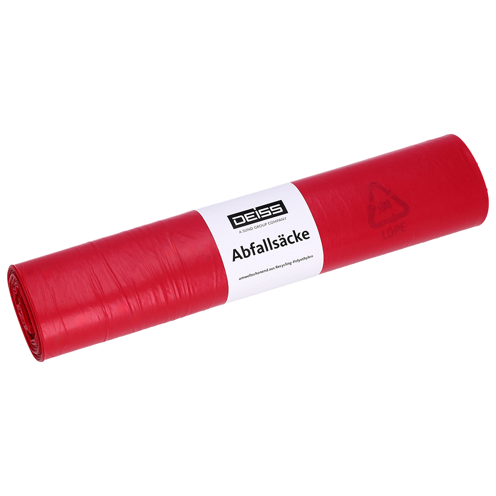 Eine Rolle der EMIL DEISS KG (GmbH + Co.) DEISS 21070 Müllsäcke, 700x1100 mm Typ 60 rot, Rolle mit 25 Stück und weißem Etikett mit "DEISS Abfallsäcke" und Recyclinginfo, liegt auf weißem Hintergrund.