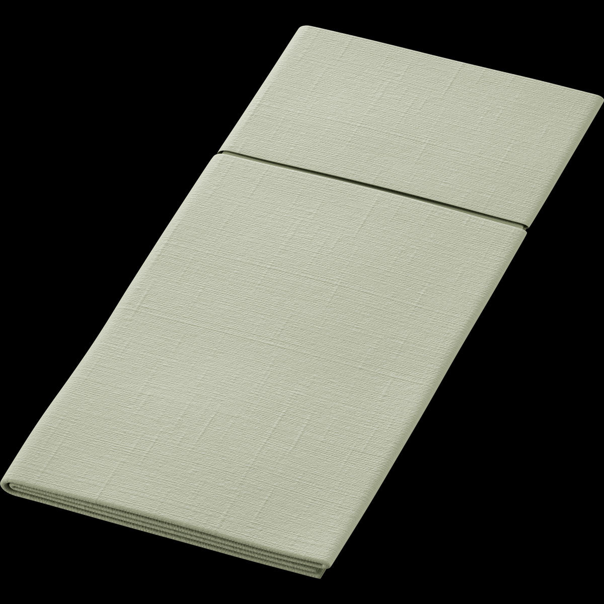 Ein sauber gefalteter, hellgrüner Duniletto-Slim 40x33cm Stoff der Duni GmbH mit dezentem Strukturmuster, der üblicherweise als hygienische Unterlage verwendet wird, steht vor einem schwarzen Hintergrund.